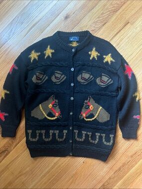 Vintage Western Hand Knit Horse Cardigan